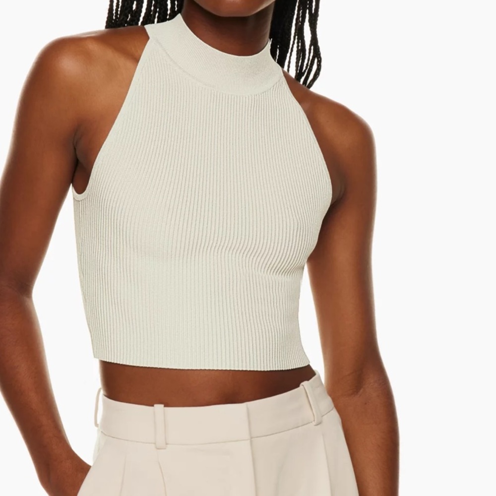 Babaton Cream Ribbed Halter Crop Top